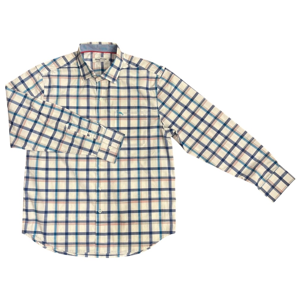 Tommy Bahama Button Down Men‎ Medium Blue Plaid Sarasota Stretch Coolmax - Picture 4 of 8